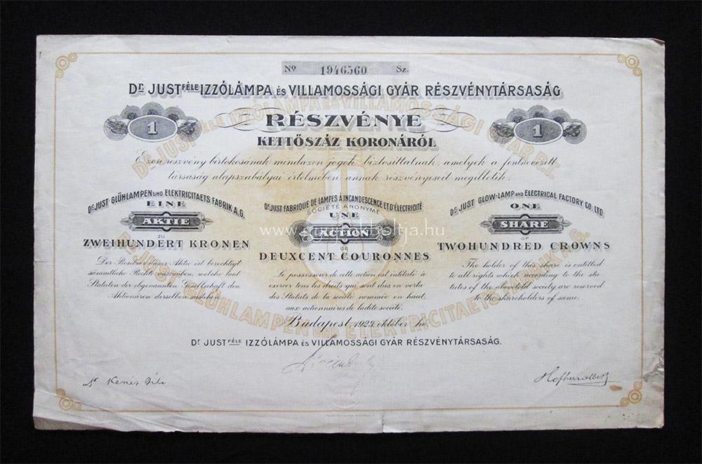 Dr Just-féle Izzólámpa részvény 200 korona 1923